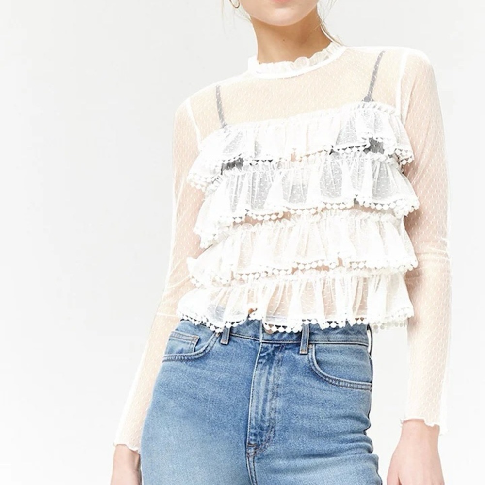 Forever 21 Ruffle Frill Polka Dot Mesh White Long Sleeves Top Women's Size S